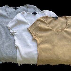 Set of 3 Ambiance Gray, White, and Tan Ribbed Blouses